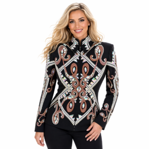 Women’s Western Show Jacket Black Equestrian Riding Coat with Paisley Crystal Design