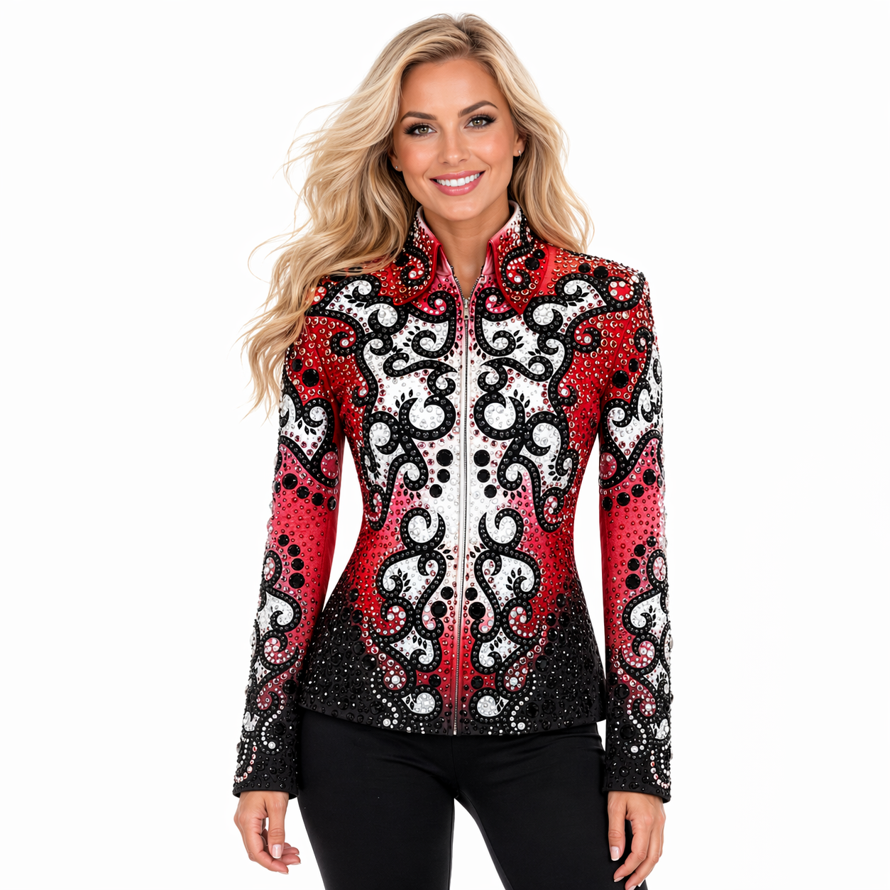 Women’s Western Show Jacket Red Black Equestrian Riding Coat with Baroque Crystal Design
