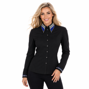 Women’s Western Show Shirt Black Equestrian Riding Shirt with Crystal Collar & Cuff Design