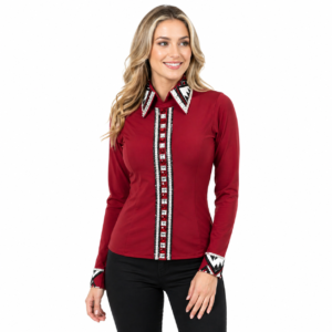 Women’s Western Show Shirt Red Equestrian Riding Coat with Crystal Front Strip & Embellished Collar