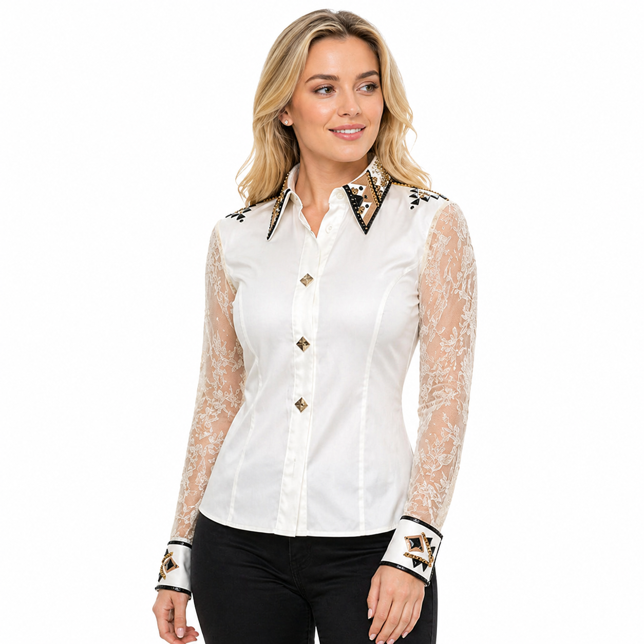 Women’s Western Show Shirt White Equestrian Riding Coat with Embellished Collar & Sheer Lace Sleeves