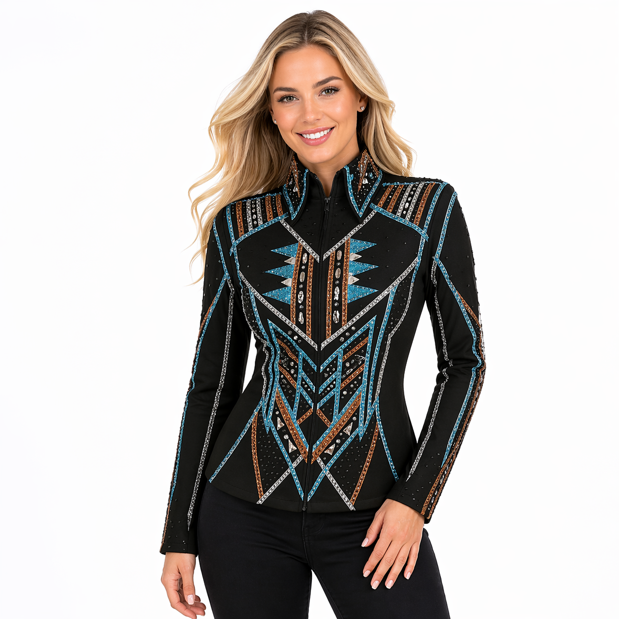 Women’s Western Show Jacket Black Equestrian Riding Coat with Tribal Geometric Design