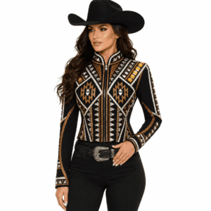Women’s Black Gold Showmanship Jacket Luxury Rhinestone Western Horse Show Competition Jacket