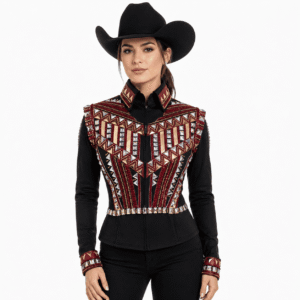 Western Women’s Showmanship Bolero Black & Maroon Crystal Embellished Show Shirt for Rodeo, Equestrian Competition
