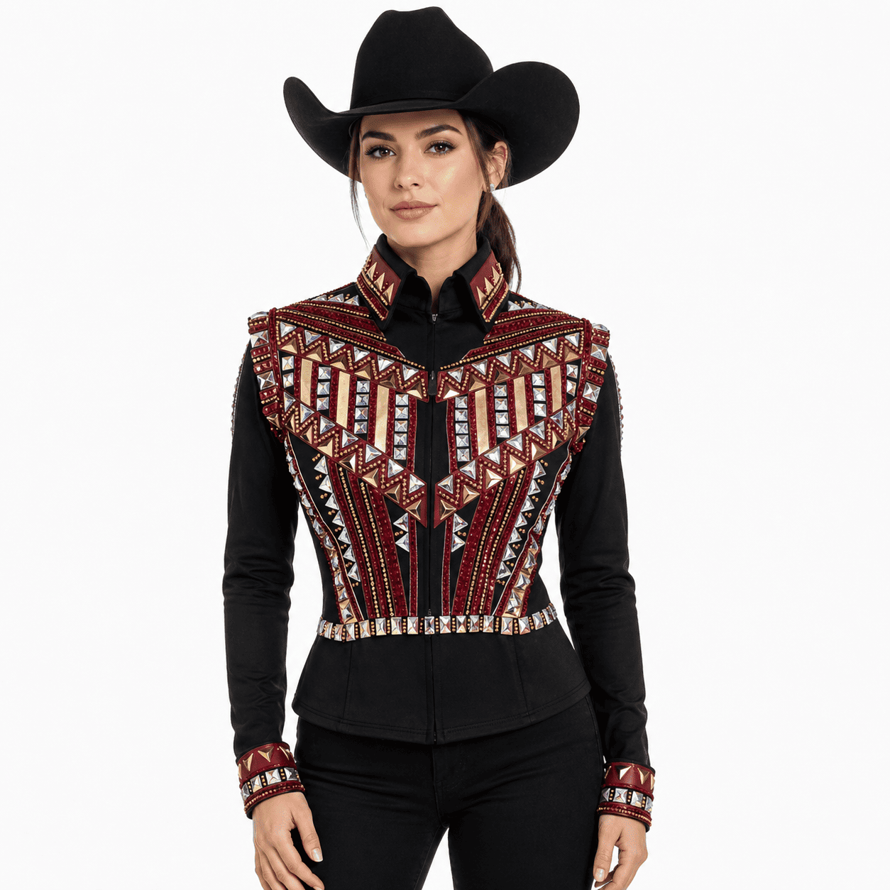 Western Women’s Showmanship Bolero Black & Maroon Crystal Embellished Show Shirt for Rodeo, Equestrian Competition