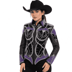 Western Women’s Showmanship Jacket – Black & Silver Rhinestone Show Jacket with Purple Pearl Embellishment , Premium Rodeo