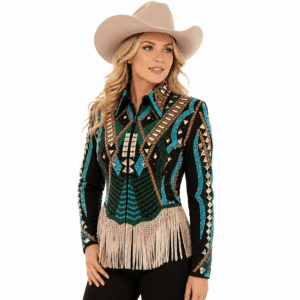 Women’s Western Showmanship Jacket Black Fringe Equestrian Coat with Crystal Embellished Design