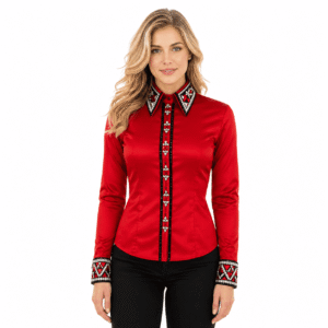 Women’s Western Show Shirt Red Equestrian Riding Shirt with Crystal Collar & Center Strip Design