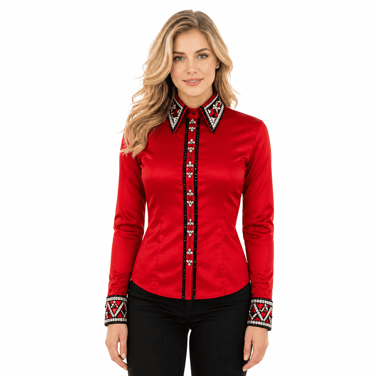 Women’s Western Show Shirt Red Equestrian Riding Shirt with Crystal Collar & Center Strip Design