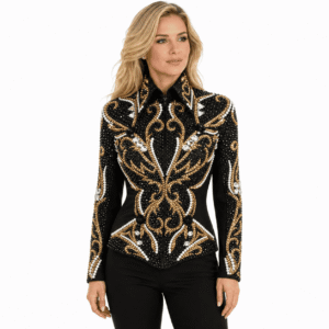 Women’s Western Showmanship Jacket Black Luxury Crystal Equestrian Riding Coat with Gold Baroque Design