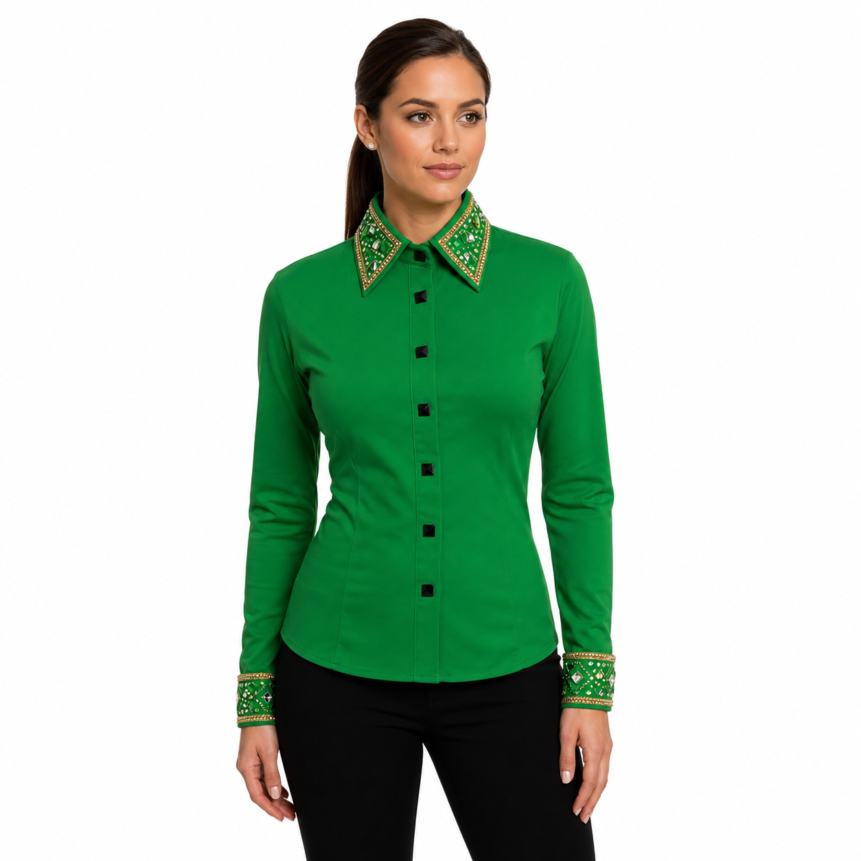 Women’s Western Showmanship Shirt Green Minimal Equestrian Coat with Crystal Embellished Collar