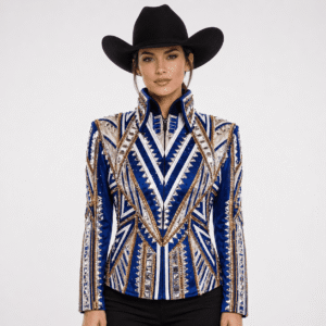Western Women’s Showmanship Jacket Royal Blue & White Crystal Embellished Show Jacket with Gold Detailing
