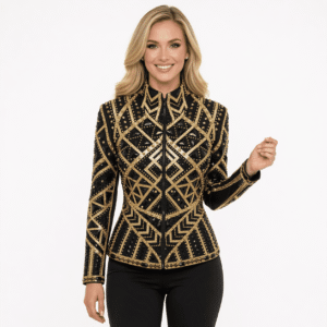 Women’s Western Show Jacket Black & Gold Equestrian Riding Coat with Geometric Crystal Design