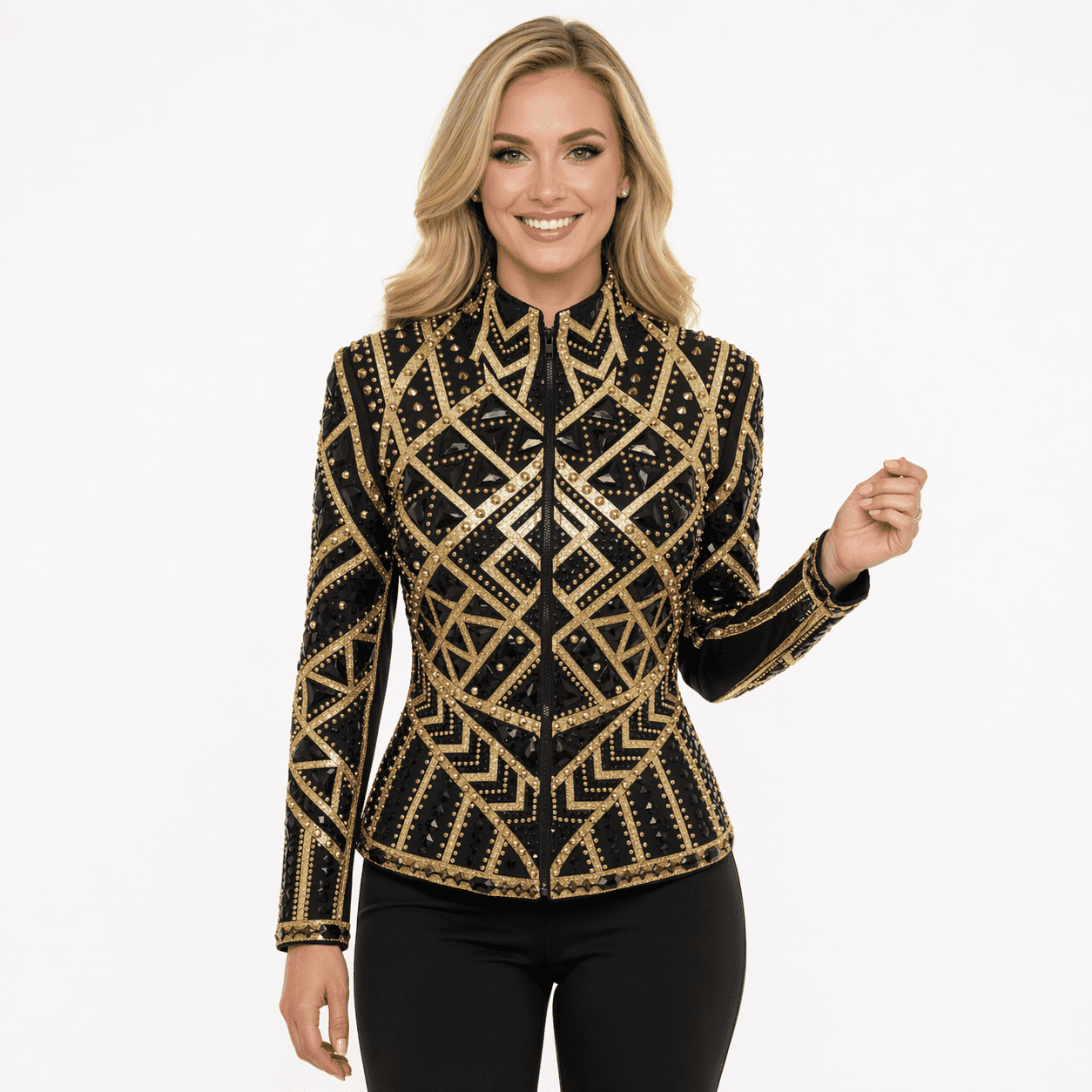 Women’s Western Show Jacket Black & Gold Equestrian Riding Coat with Geometric Crystal Design