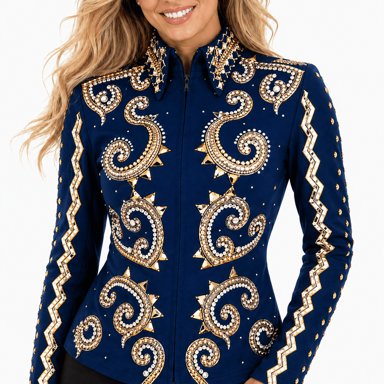 Women’s Western Show Jacket Blue Equestrian Riding Coat with Paisley Crystal & Zigzag Design - Image 5