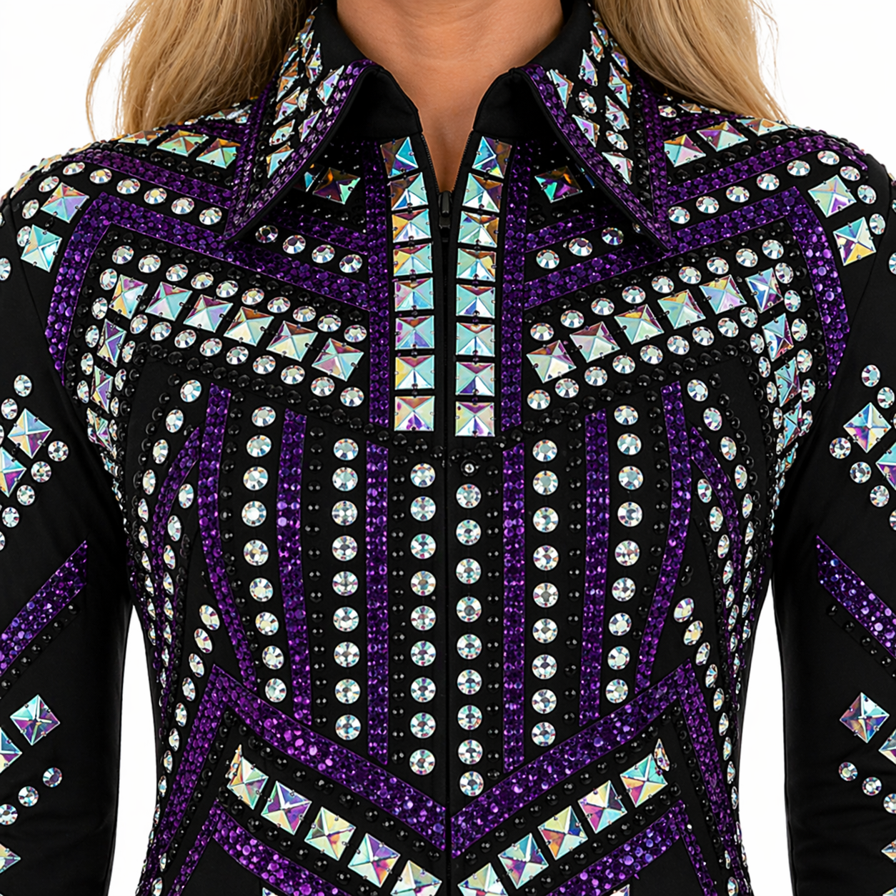 Women’s Western Show Jacket Black Purple Equestrian Riding Coat with Crystal Geometric Design - Image 5