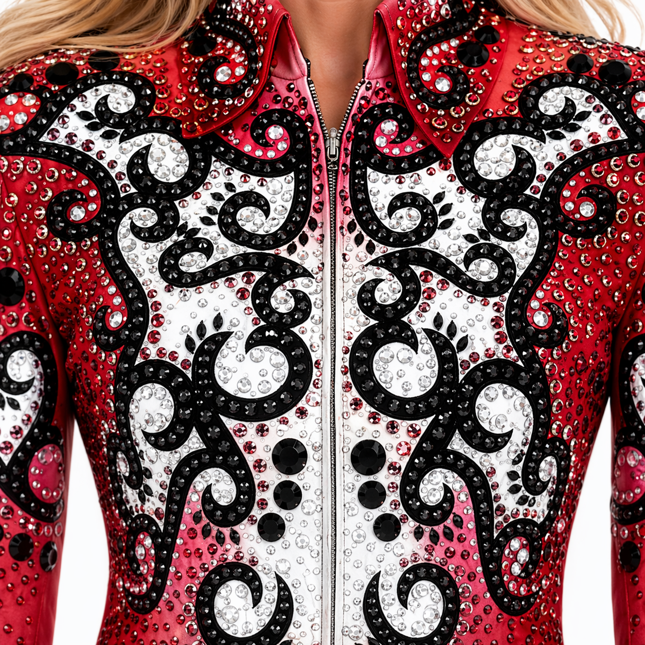 Women’s Western Show Jacket Red Black Equestrian Riding Coat with Baroque Crystal Design - Image 4