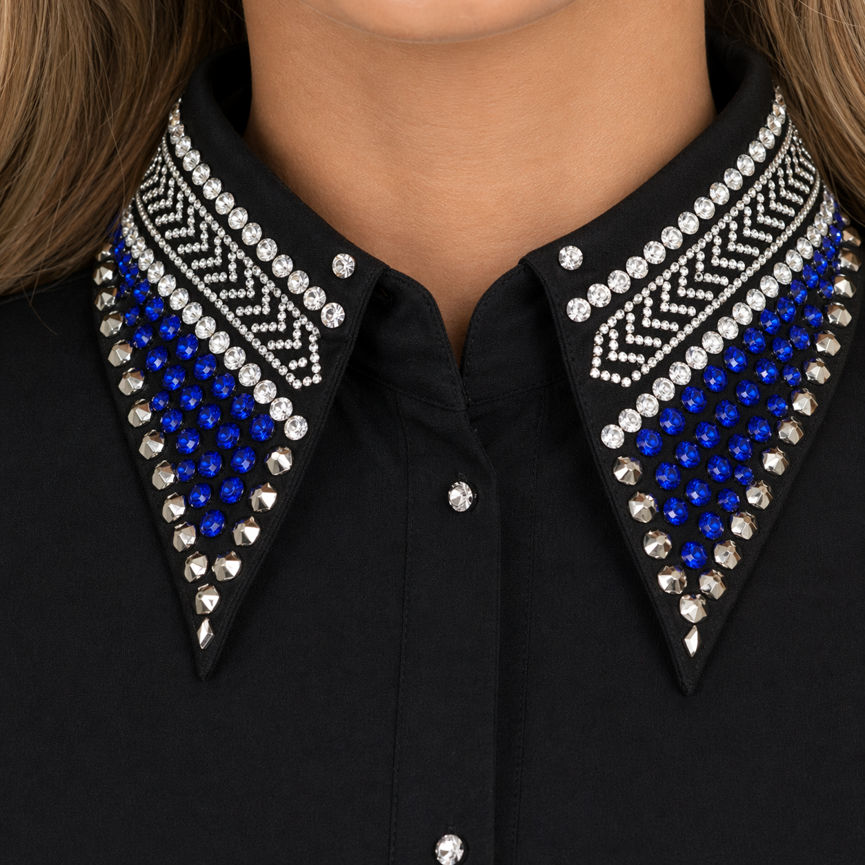 Women’s Western Show Shirt Black Equestrian Riding Shirt with Crystal Collar & Cuff Design - Image 5