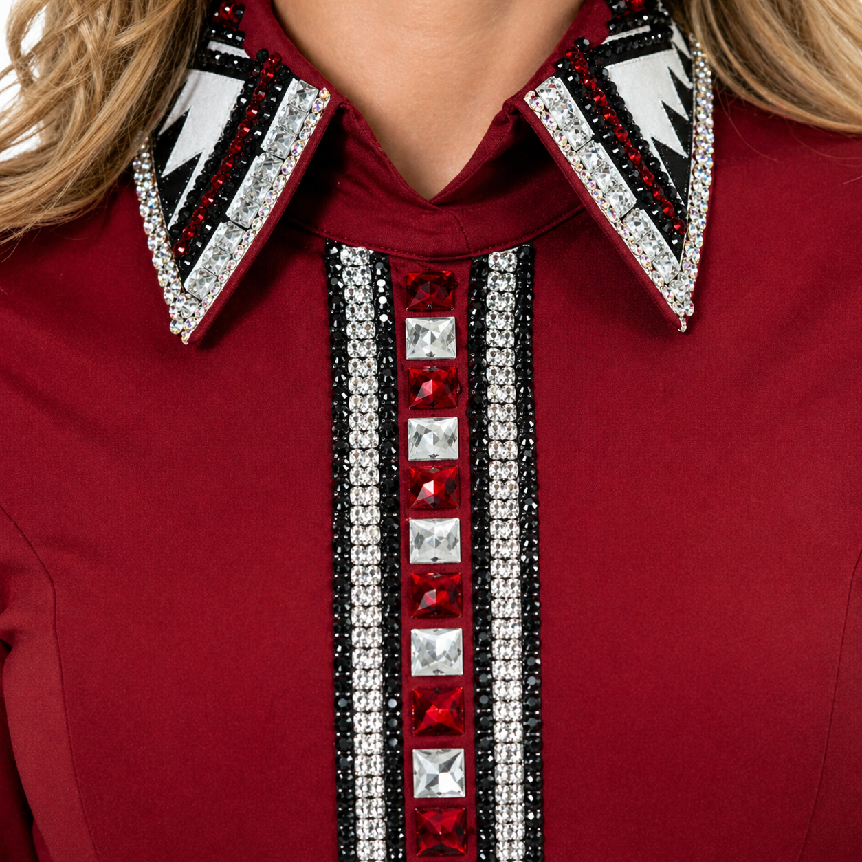 Women’s Western Show Shirt Red Equestrian Riding Coat with Crystal Front Strip & Embellished Collar - Image 5