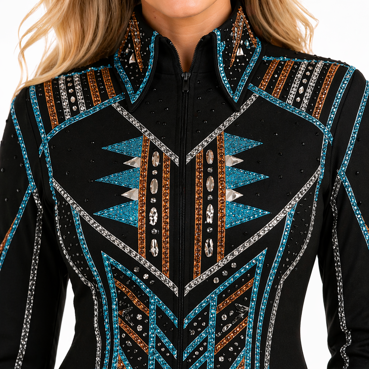 Women’s Western Show Jacket Black Equestrian Riding Coat with Tribal Geometric Design - Image 4