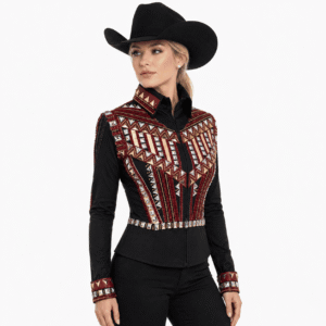 Western Women’s Showmanship Bolero Black & Maroon Crystal Embellished Show Shirt for Rodeo, Equestrian Competition