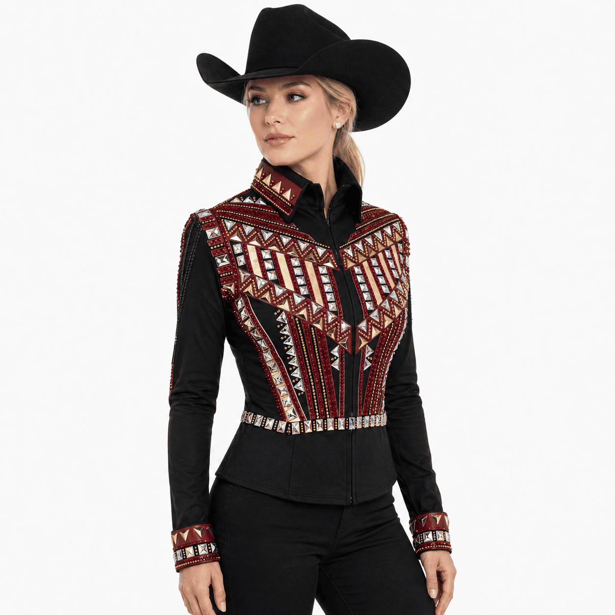 Western Women’s Showmanship Bolero Black & Maroon Crystal Embellished Show Shirt for Rodeo, Equestrian Competition - Image 2