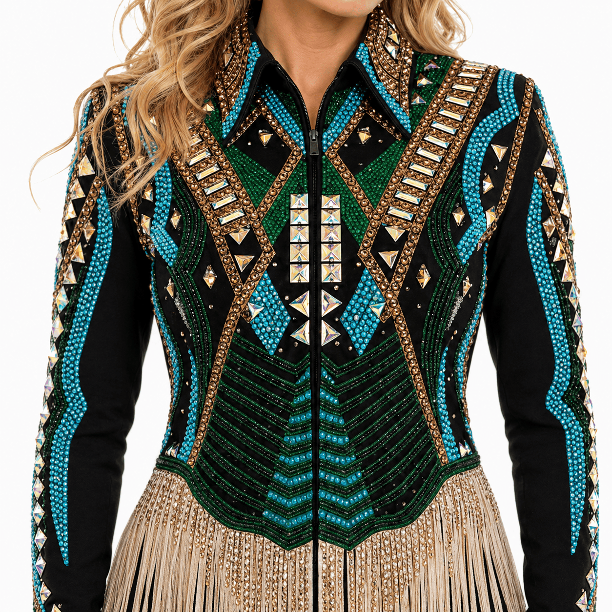 Women’s Western Showmanship Jacket Black Fringe Equestrian Coat with Crystal Embellished Design - Image 4