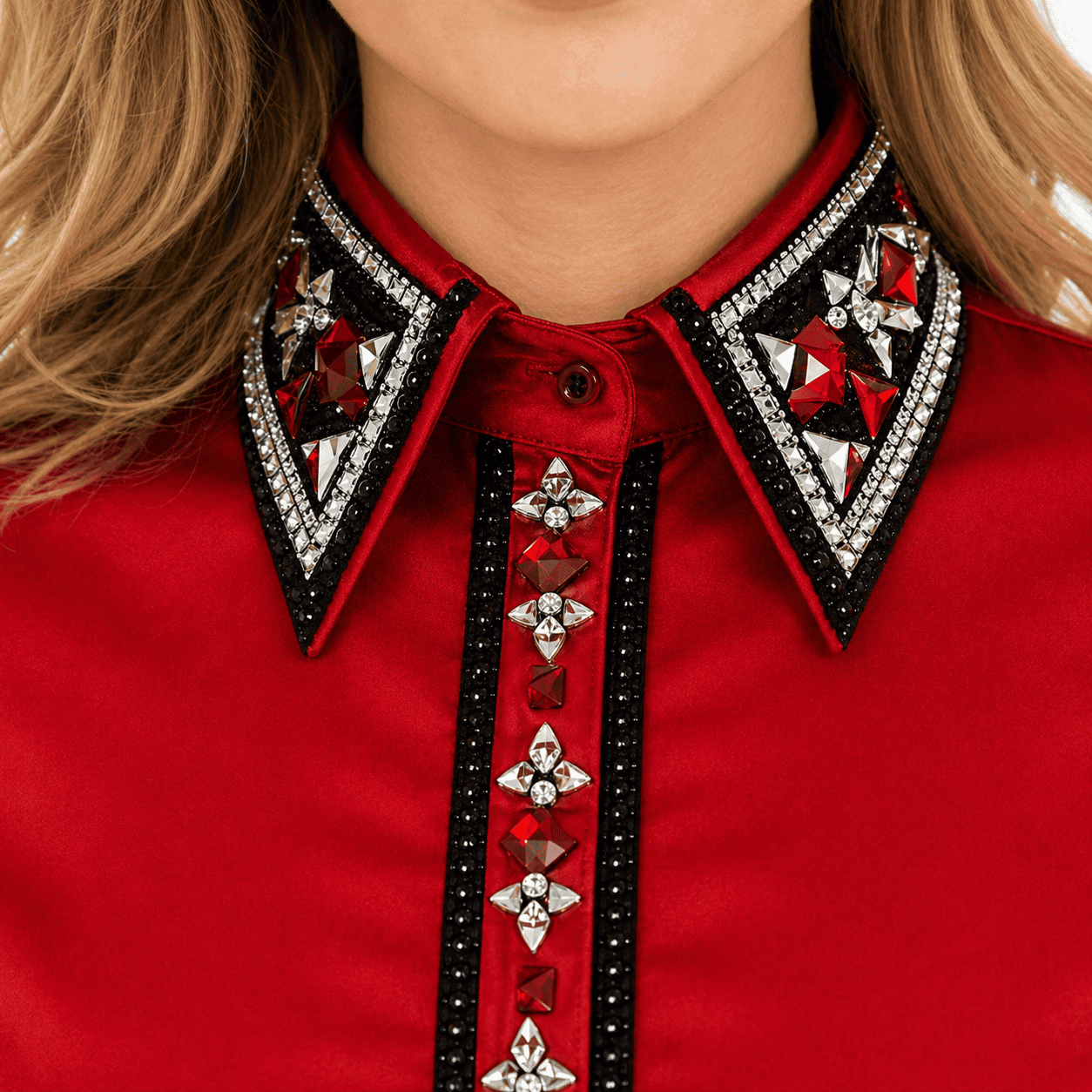 Women’s Western Show Shirt Red Equestrian Riding Shirt with Crystal Collar & Center Strip Design - Image 4