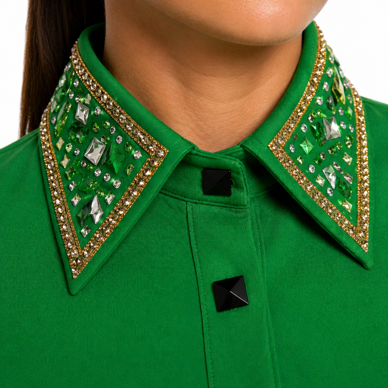 Women’s Western Showmanship Shirt Green Minimal Equestrian Coat with Crystal Embellished Collar - Image 3