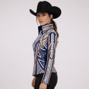 Western Women’s Showmanship Jacket Royal Blue & White Crystal Embellished Show Jacket with Gold Detailing