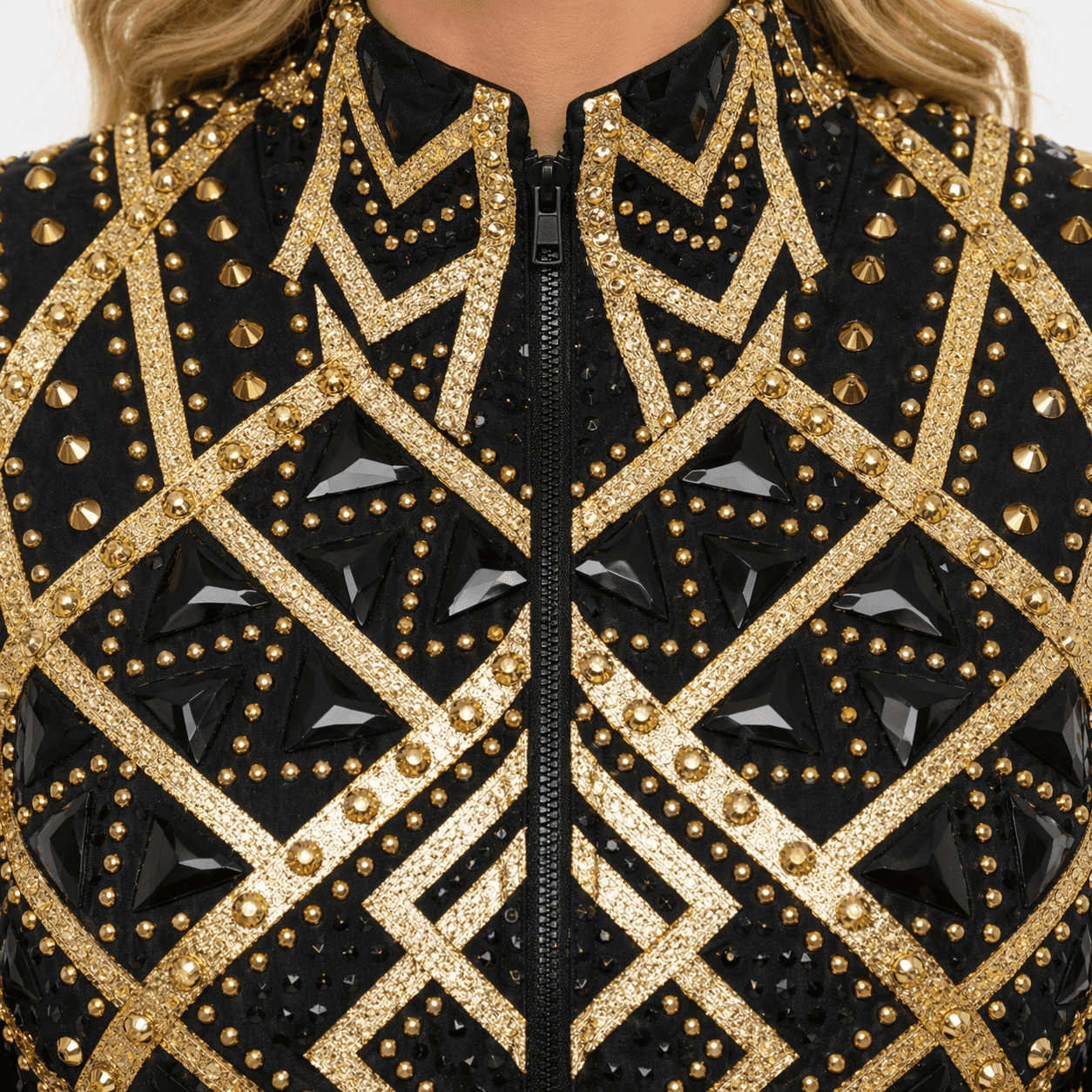 Women’s Western Show Jacket Black & Gold Equestrian Riding Coat with Geometric Crystal Design - Image 6
