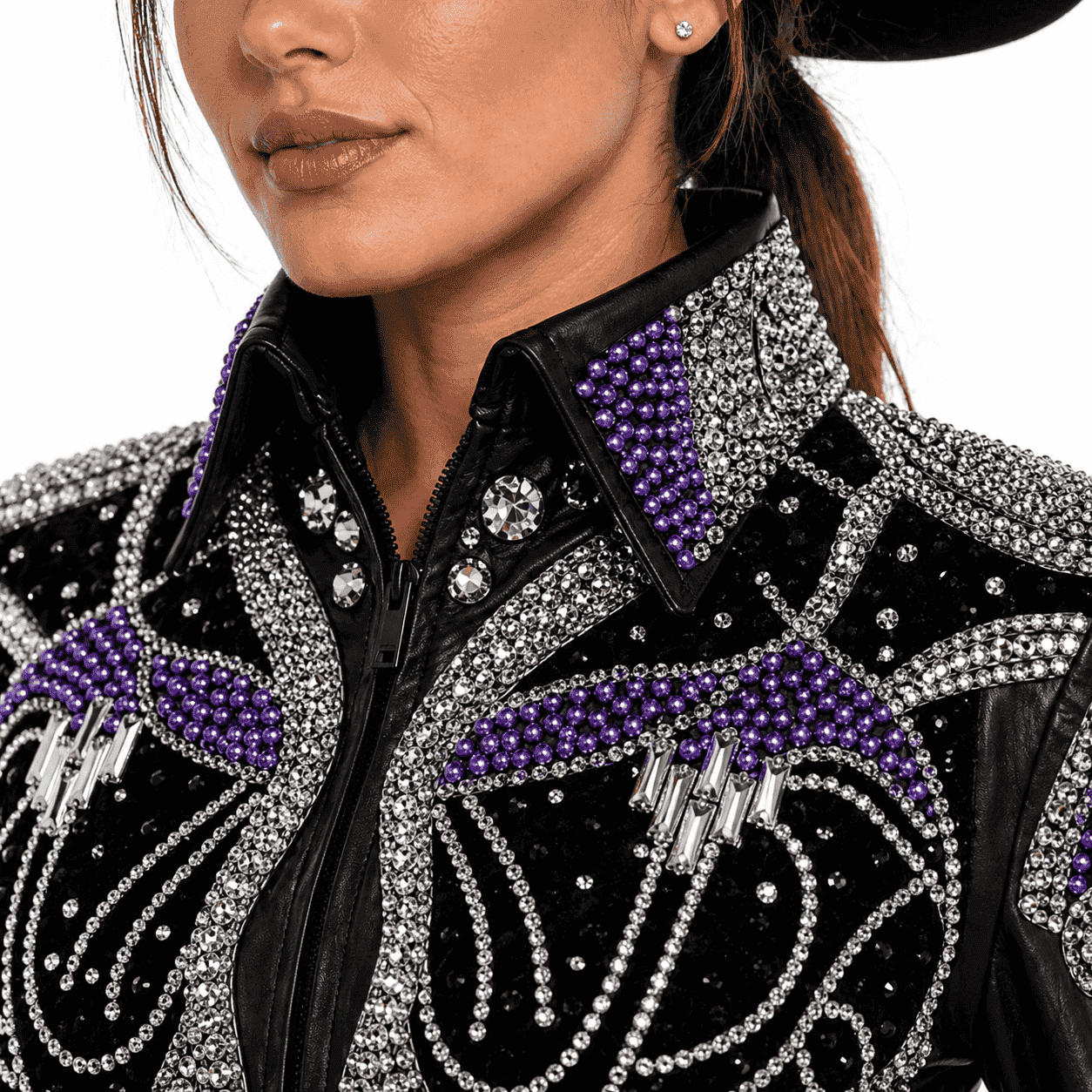 Western Women’s Showmanship Jacket – Black & Silver Rhinestone Show Jacket with Purple Pearl Embellishment , Premium Rodeo - Image 4