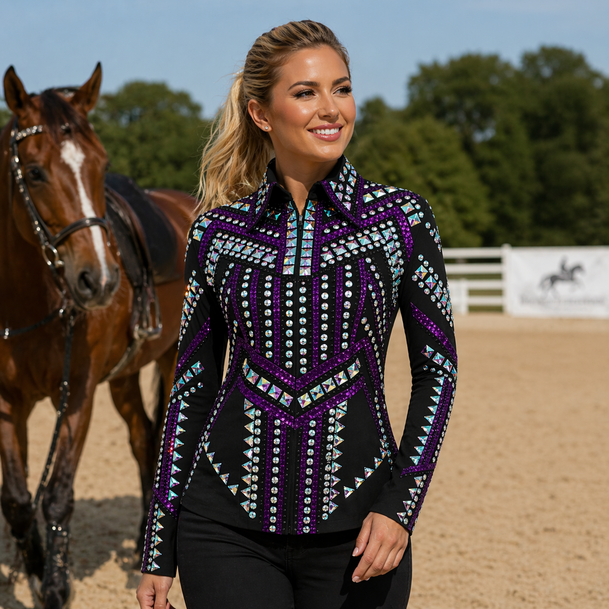 Women’s Western Show Jacket Black Purple Equestrian Riding Coat with Crystal Geometric Design - Image 7