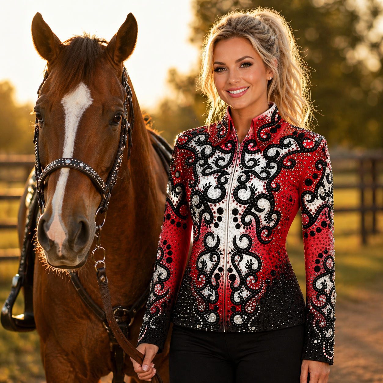 Women’s Western Show Jacket Red Black Equestrian Riding Coat with Baroque Crystal Design - Image 7