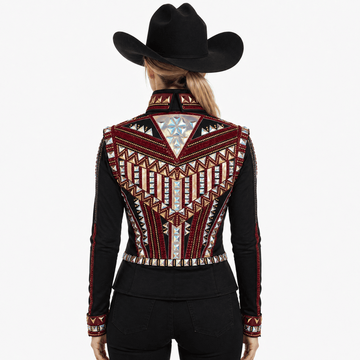 Western Women’s Showmanship Bolero Black & Maroon Crystal Embellished Show Shirt for Rodeo, Equestrian Competition - Image 3