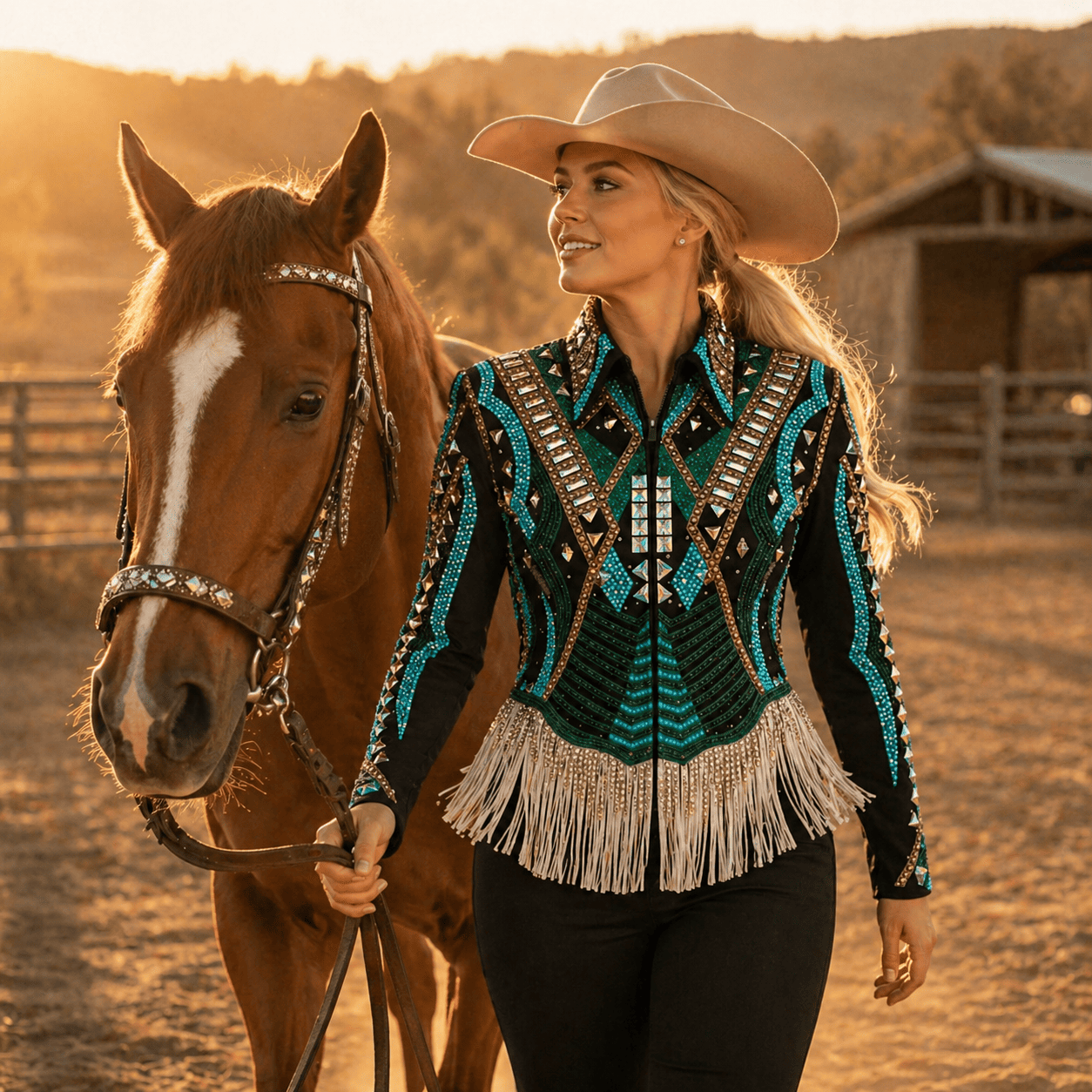 Women’s Western Showmanship Jacket Black Fringe Equestrian Coat with Crystal Embellished Design - Image 7