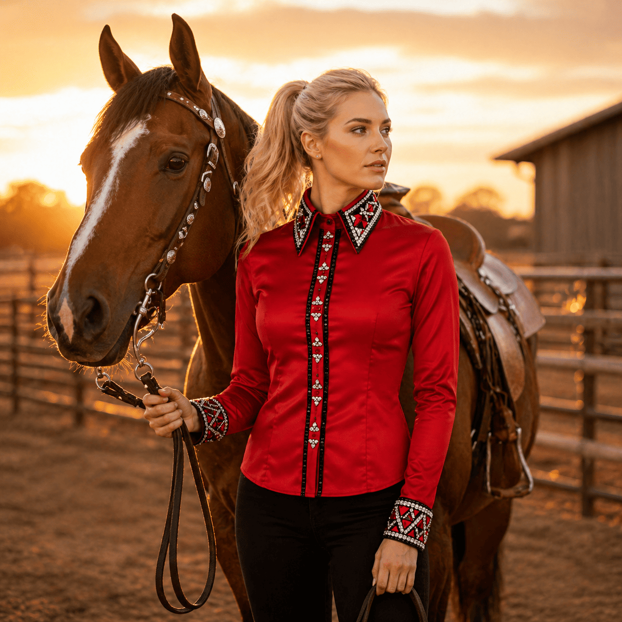 Women’s Western Show Shirt Red Equestrian Riding Shirt with Crystal Collar & Center Strip Design - Image 7