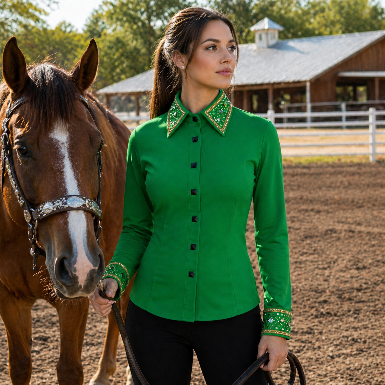 Women’s Western Showmanship Shirt Green Minimal Equestrian Coat with Crystal Embellished Collar - Image 7