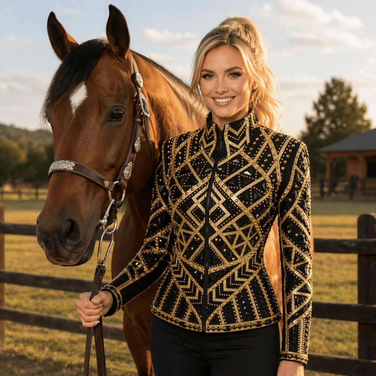 Women’s Western Show Jacket Black & Gold Equestrian Riding Coat with Geometric Crystal Design - Image 7