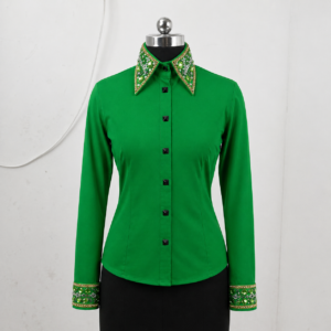 Women’s Western Showmanship Shirt Green Minimal Equestrian Coat with Crystal Embellished Collar