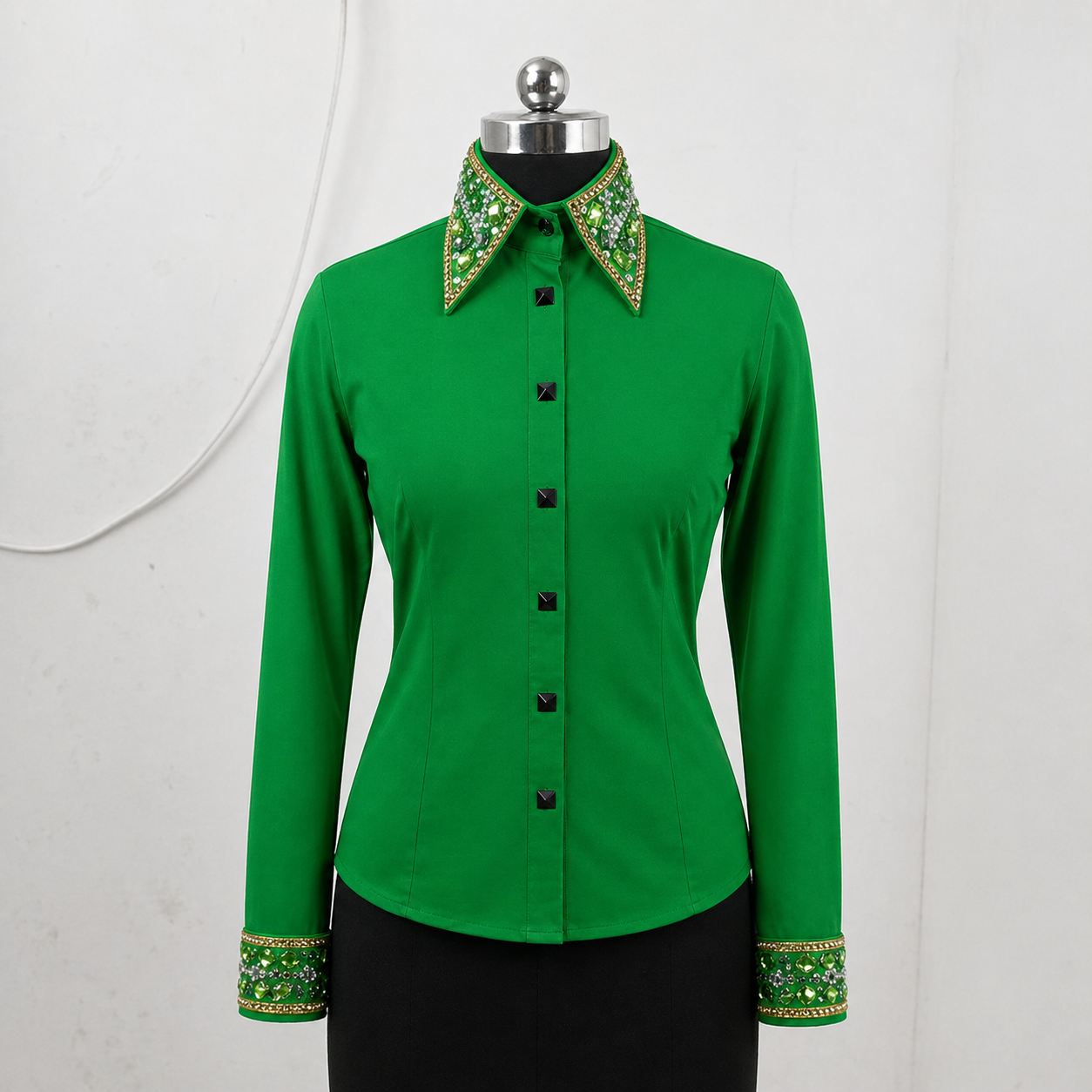 Women’s Western Showmanship Shirt Green Minimal Equestrian Coat with Crystal Embellished Collar - Image 2
