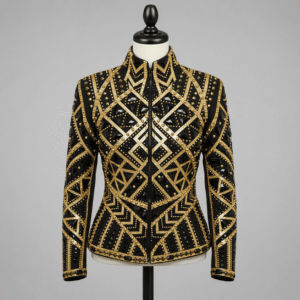 Women’s Western Show Jacket Black & Gold Equestrian Riding Coat with Geometric Crystal Design