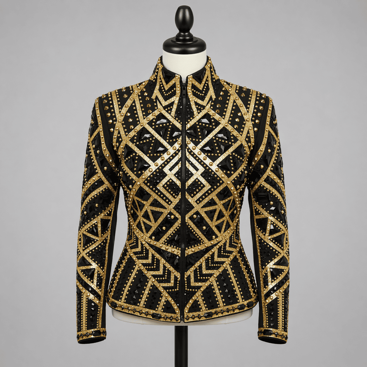 Women’s Western Show Jacket Black & Gold Equestrian Riding Coat with Geometric Crystal Design - Image 2
