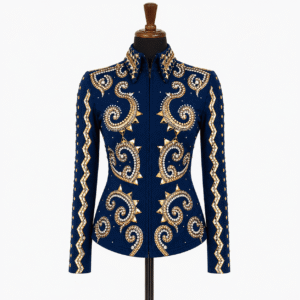 Women’s Western Show Jacket Blue Equestrian Riding Coat with Paisley Crystal & Zigzag Design