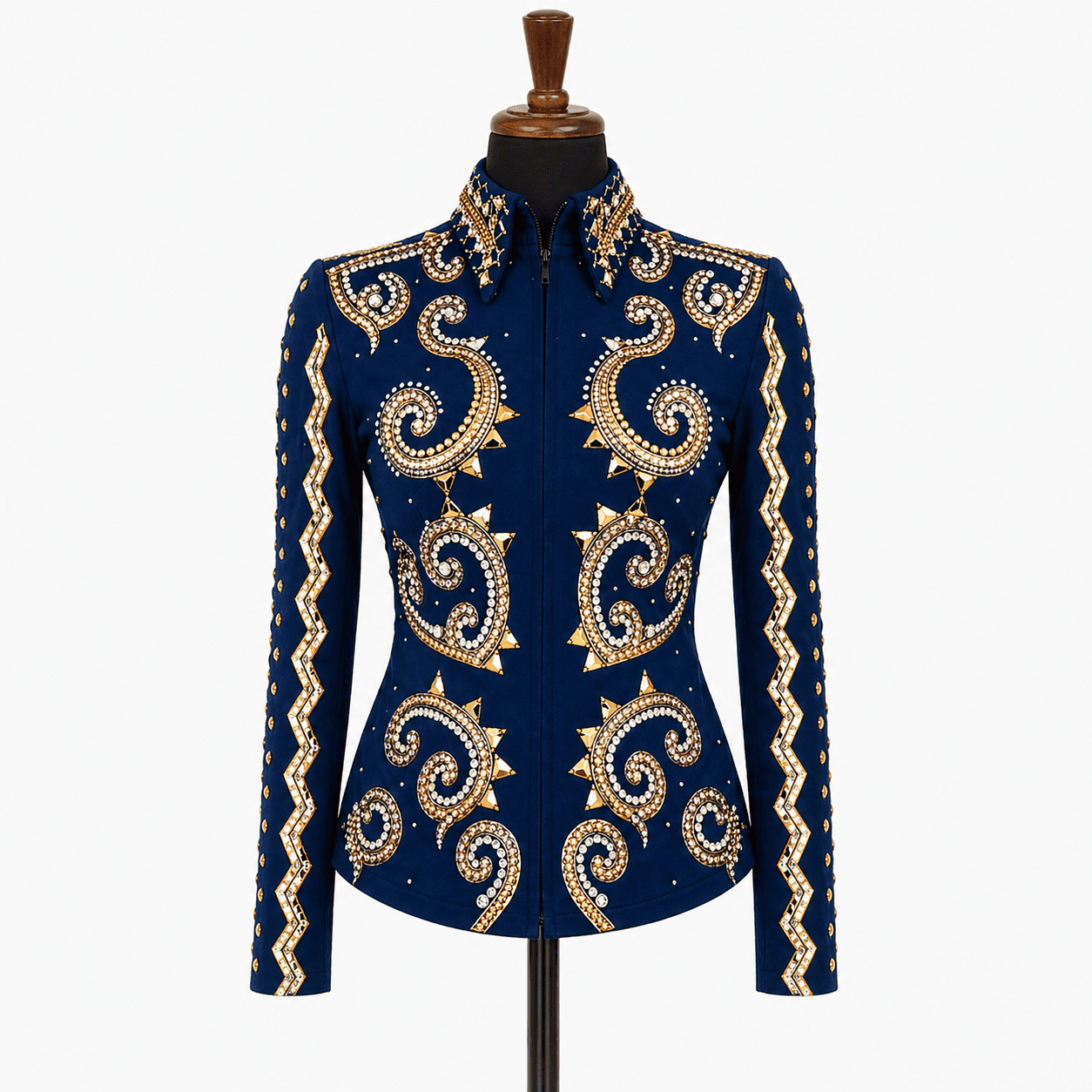 Women’s Western Show Jacket Blue Equestrian Riding Coat with Paisley Crystal & Zigzag Design - Image 2