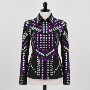 Women’s Western Show Jacket Black Purple Equestrian Riding Coat with Crystal Geometric Design