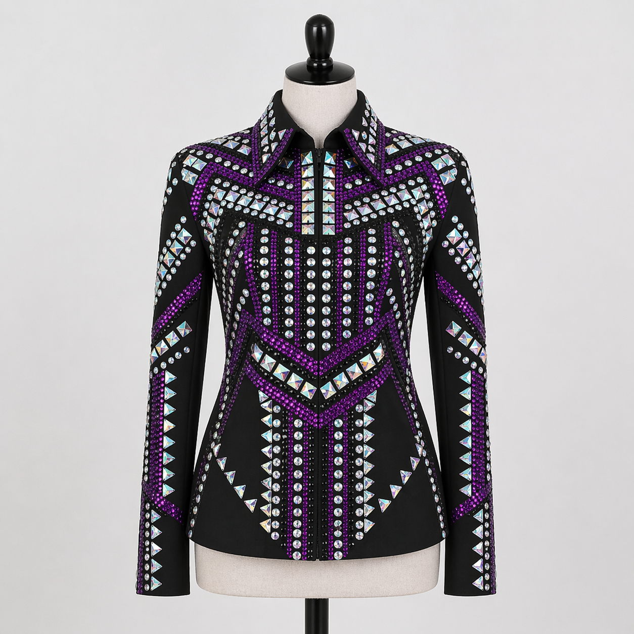 Women’s Western Show Jacket Black Purple Equestrian Riding Coat with Crystal Geometric Design - Image 2