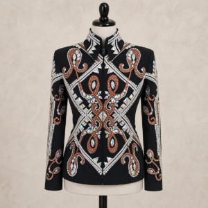 Women’s Western Show Jacket Black Equestrian Riding Coat with Paisley Crystal Design