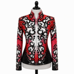 Women’s Western Show Jacket Red Black Equestrian Riding Coat with Baroque Crystal Design