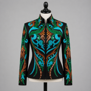 Women’s Western Show Jacket Black Equestrian Riding Coat with Teal & Copper Crystal Design